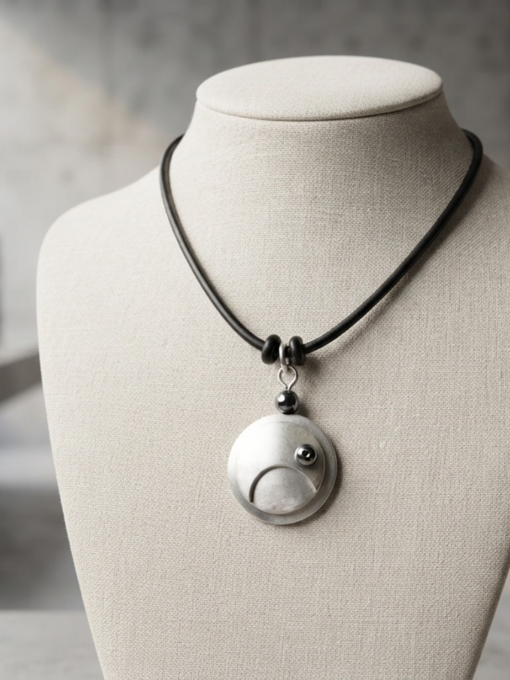 Modernist Matte Silver & Black Cord Pendant Necklace